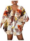 Macacão feminino WDIRARA plus size com decote em V profundo com estampa tropical Macacão feminino WDIRARA plus size com decote em V profundo com estampa tropical