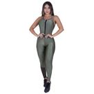 Macacão Fitness Feminino Zíper Frente Cirrê Liso e Relevo Detalhe Tela Orbis Verde