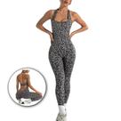 Macacão Fitness Frente Fechada Costas Aberta Leopardo Cinza M441
