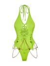 Macacão Floerns Gothic Cut Out Lace Up Halter Rave Verde Neon