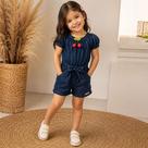 Macacão Infantil Jeans Menina Blogueirinha Luxo Temático Cereja