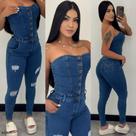 Macacão Jeans Longo Sem Alça Com Rasgos Pimenta Doce Original
