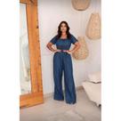 Macacão jeans Pantalona manga curta, com elastex ajustável ao corpo Macacão jeans Pantalona manga curta, com elastex ajustável ao corpo