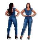 Macacão longo feminino jeans com lycra tipo skinny em lavagem escura Macacão longo feminino jeans com lycra tipo skinny em lavagem escura