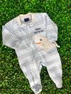 Macacão Longo Infantil Masculino de Ziper Listrado Azul Bordado Tubarão
