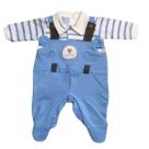 Macacão Luxo Bebe Algodão Plush Azul Suspensório Carinha de Urso