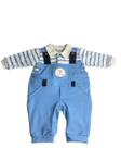 Macacão Luxo Bebe Algodão Plush Azul Suspensório Carinha de Urso