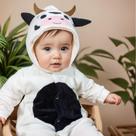 Macacão Para Bebê Em Plush Com Capuz Bordado Vaquinha Creme Cor:Vaquinha BrancoTamanho:6-9M