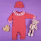 Macacão para bebê feminino algodão tutti frutti detalhe renda com touca menina
