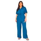 Macacão Plus Size Longo Liso Feminino Elástico na Cintura Colarinho e Botões em Linho com Viscose
