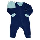 Macacão plush azul marinho e touca azul claro ursinho Kiko Baby