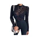 Macacão Preto de Malha - Manga Comprida, Decote Mock Neck e Listras