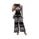 Macacão Preto Estampado Halter Feminino, Moda De Verão, Ajuste Slim, Sem Costas, Roupa Sexy Para