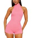 Macacão THLAI sem mangas, costas abertas, gola halter, modelagem bodycon, curto Macacão THLAI sem mangas, costas abertas, gola halter, modelagem bodycon, curto