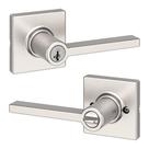Maçaneta de porta Kwikset Casey Entry com fechadura e chave em níquel acetinado Maçaneta de porta Kwikset Casey Entry com fechadura e chave em níquel acetinado