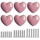 Maçanetas de cerâmica Perphin Pink Heart com parafusos, pacote com 6