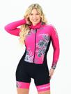 Macaquinho Ciclismo Feminino Manga Longa Pink Flowers Black Savancini (3460FB)