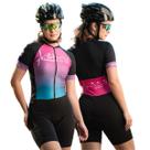 Macaquinho de Ciclismo Feminino Manga Curta Way Batimentos Degradê Rosa e Azul Forro Espuma Barrinha Dupla Proteção Uv Respirável Bike