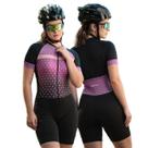 Macaquinho de Ciclismo Feminino Manga Curta Way Poá Roxo Forro Espuma Barrinha Dupla Proteção Uv Respirável Bike
