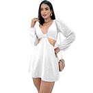 Macaquinho Feminino Curto Viscose Manga Longa Bufante Decotado Soltinho