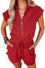 Macaquinho feminino de verão Foenlintenso com manga curta e zíper frontal, vermelho, tamanho P