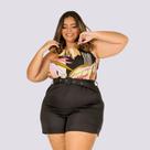 Macaquinho Feminino Plus Size Estampado + Liso Cinto 0300 Macaquinho Feminino Plus Size Estampado + Liso Cinto 0300