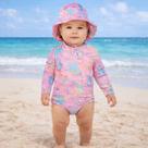 Maiô body bebê manga longa uv de praia + chapéu de piscina