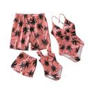Maiô Familiar Com Estampa De Coqueiro Rosa, Peça Única Com Alça Espaguete E Shorts De Banho