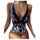 Maiô feminino com decote profundo, cintura alta, estampa tropical, costas abertas