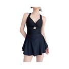 Maiô Feminino De Uma Peça Em Cor Sólida Com Efeito Redutor E Cintura Ajustável, Estilo Vestido De