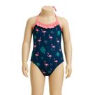 Maiô Infantil Flamingo Azul Marinho com Alça Rosa e Babado