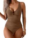 Maiô Tankini feminino feminino com controle de barriga e decote em V marrom