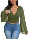 MakeMeChic Blusa Cropped Plus Size com Manga Sino e Transpasse, 3XL