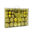 Maleta 100 Bolas de Natal Douradas Mistas Luxo e Ponteira Diversos Tamanhos Glitter, Fosca, Brilho e Arabesco