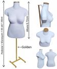 Manequim feminino (Busto plus size GG n.46) branco com tampa Golden + pedestal H na cor Golden.