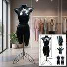 Manequim feminino (Meio corpo cinturinha N.36) preto com tampa prata + pedestal Retro preto
