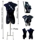 Manequim feminino (meio corpo modelo jó N.36) preto com tampa prata + pedestal H na cor prata.