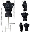 Manequim masculino (Busto definido N.40) preto com tampa prata + pedestal H na cor prata.