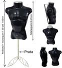 Manequim masculino (busto definido N.40) preto com tampa prata + pedestal retro na cor prata.