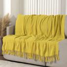 Manta Xalé para Sofá Malha 100% Algodão Decorativa com Franja 1,40m x 1,70m Amarelo