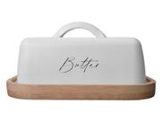 Manteigueira Em Metal Minimalista Branca Com Base De Bambu Natural Manteigueira Em Metal Minimalista Branca Com Base De Bambu Natural