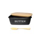 Manteigueira Preto Aço Tampa Bambu Espatula Manteiga Dourado