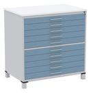 Mapoteca 10 Gavetas Pandin 120cm (Larg) Tampo MDP Branco Estrutura Aço Cinza Gaveta Azul Dali