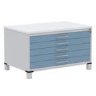 Mapoteca 5 Gavetas Pandin 120cm (Larg) Tampo MDP Branco Estrutura Aço Cinza Gaveta Azul Dali