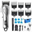 Máquina de cortar cabelo elétrica prateada com pentes e kit de corte de cabelo