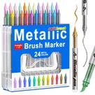 Marcadores metálicos de pincel macio DICEKOO de 24 cores com estojo de transporte, marcadores de tinta acrílica metálica, tinta que não borra, escrita suave, inodoros, de secagem rápida, para pintura rupestre, madeira, vidro e artesanato Marcadores metálicos de pincel macio DICEKOO de 24 cores com estojo de transporte, marcadores de tinta acrílica metálica, tinta que não borra, escrita suave, inodoros, de secagem rápida, para pintura rupestre, madeira, vidro e artesanato