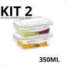 Marmita de Vidro 350ml Potes Hermético KIT 2, 3 e 5 Un Tampa Travas Microondas Freezer