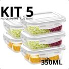 Marmita de Vidro 350ml Potes Hermético KIT 2, 3 e 5 Un Tampa Travas Microondas Freezer