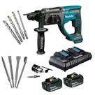 Martelete combinado Makita DHR202Z 18V + 2 baterias de 3,0Ah + Carregador 127V e kit talhadeira ponteiro e brocas