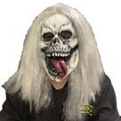 Máscara de caveira assustadora com língua, cabelo prateado, cosplay facial